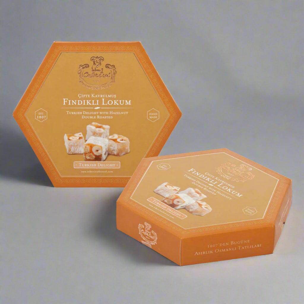 Double-Roasted Hazelnut Turkish Delight in a Hexagonal Box