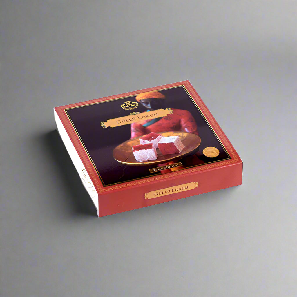 A carton box of Turkish Delight with rose flavor, envelope-style packaging with a picture of the product on the top and branding details.